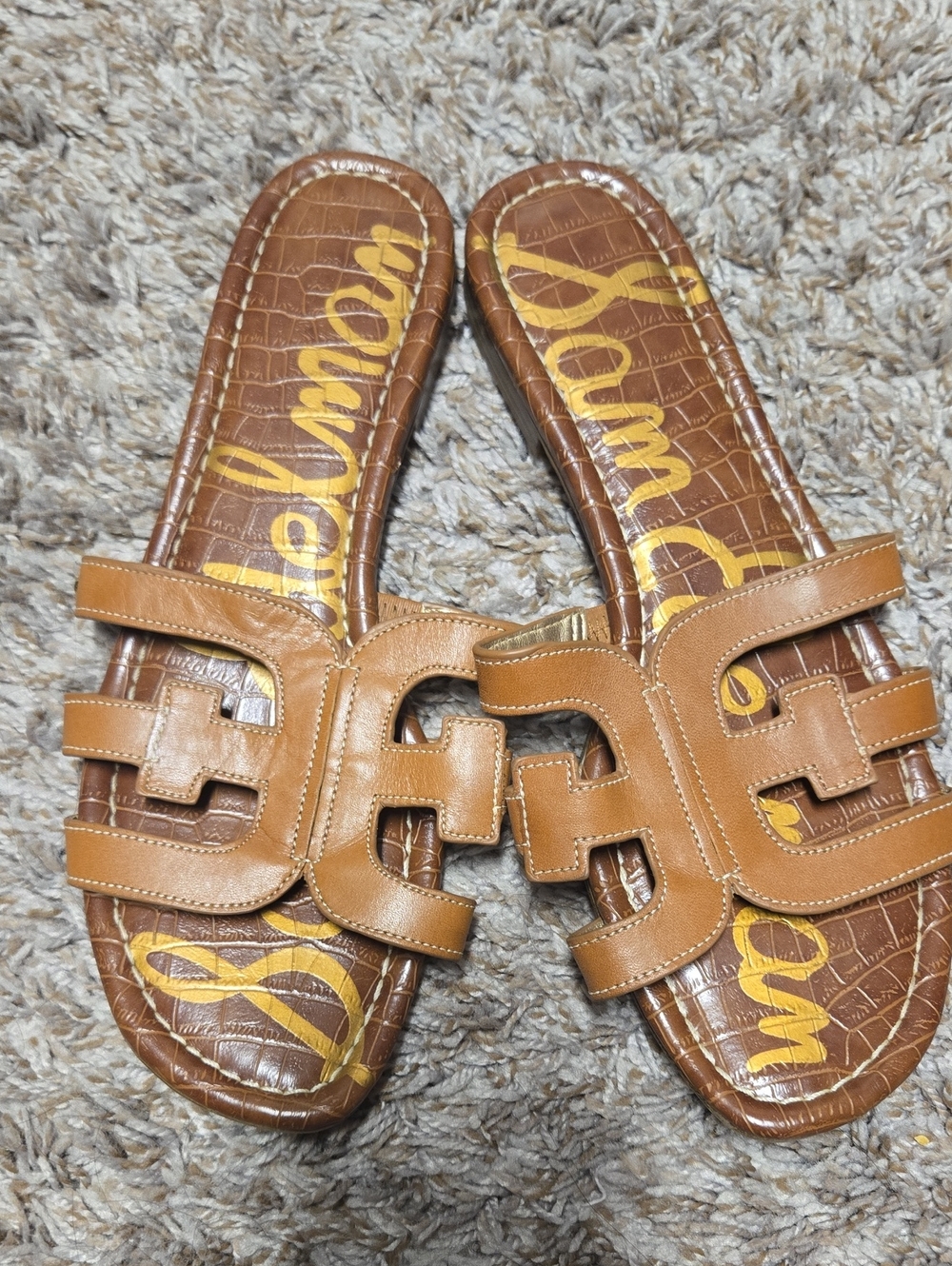 Sam Edelman Cognac Leather Slide Sandals with Signature Cutout